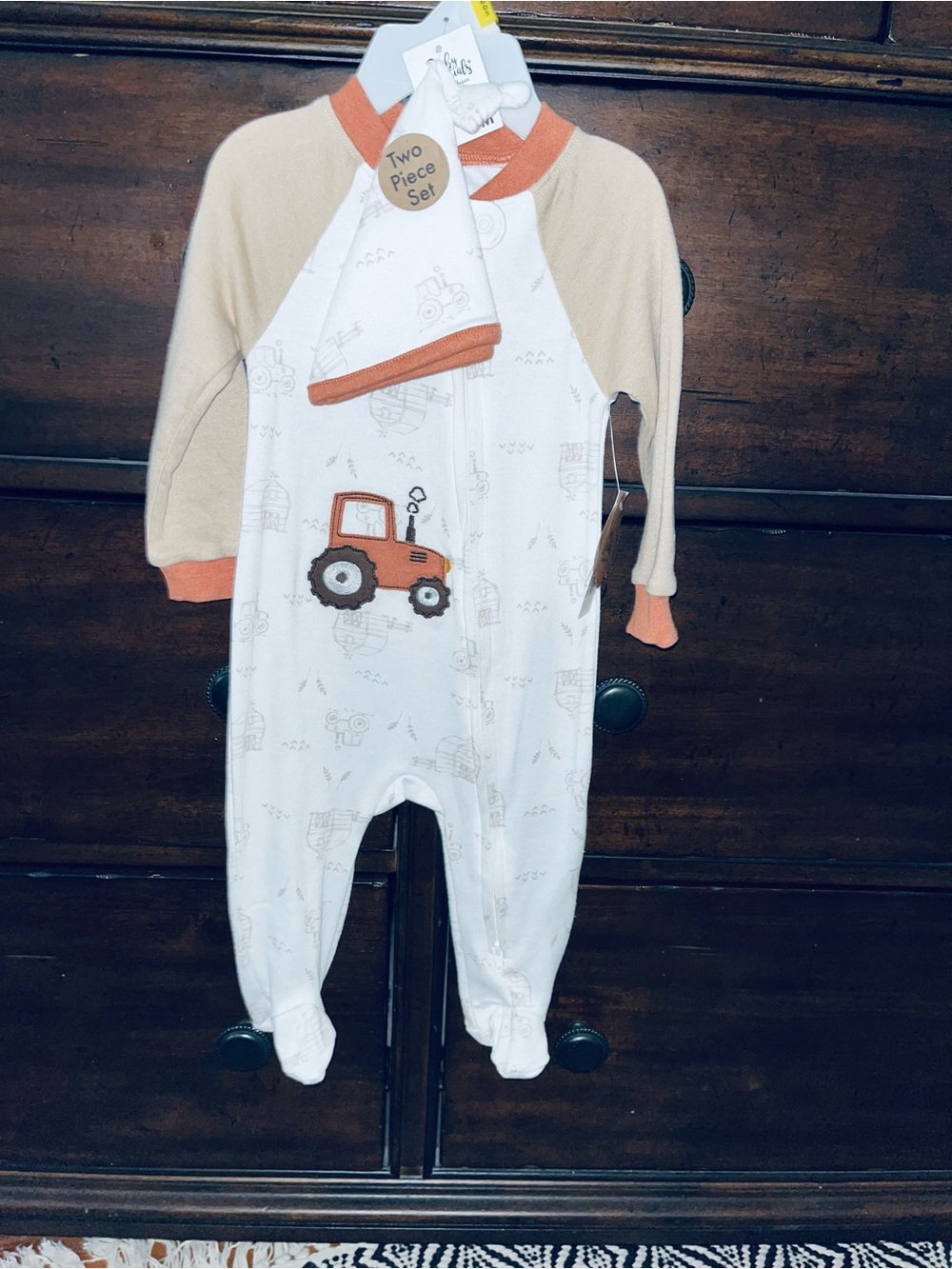 Baby Essentials White and Tan Tractor Footie Two-Piece Set